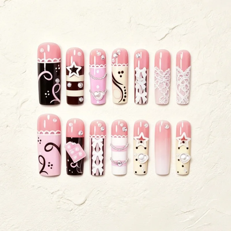 24 Stück Y2k Lange Quadratische Künstliche Nägel Rosa Nude Spitze Schleife Stern Herz Strass Perle Candy Streifen Polka Dot Süße Aufklebenägel – Detail 5