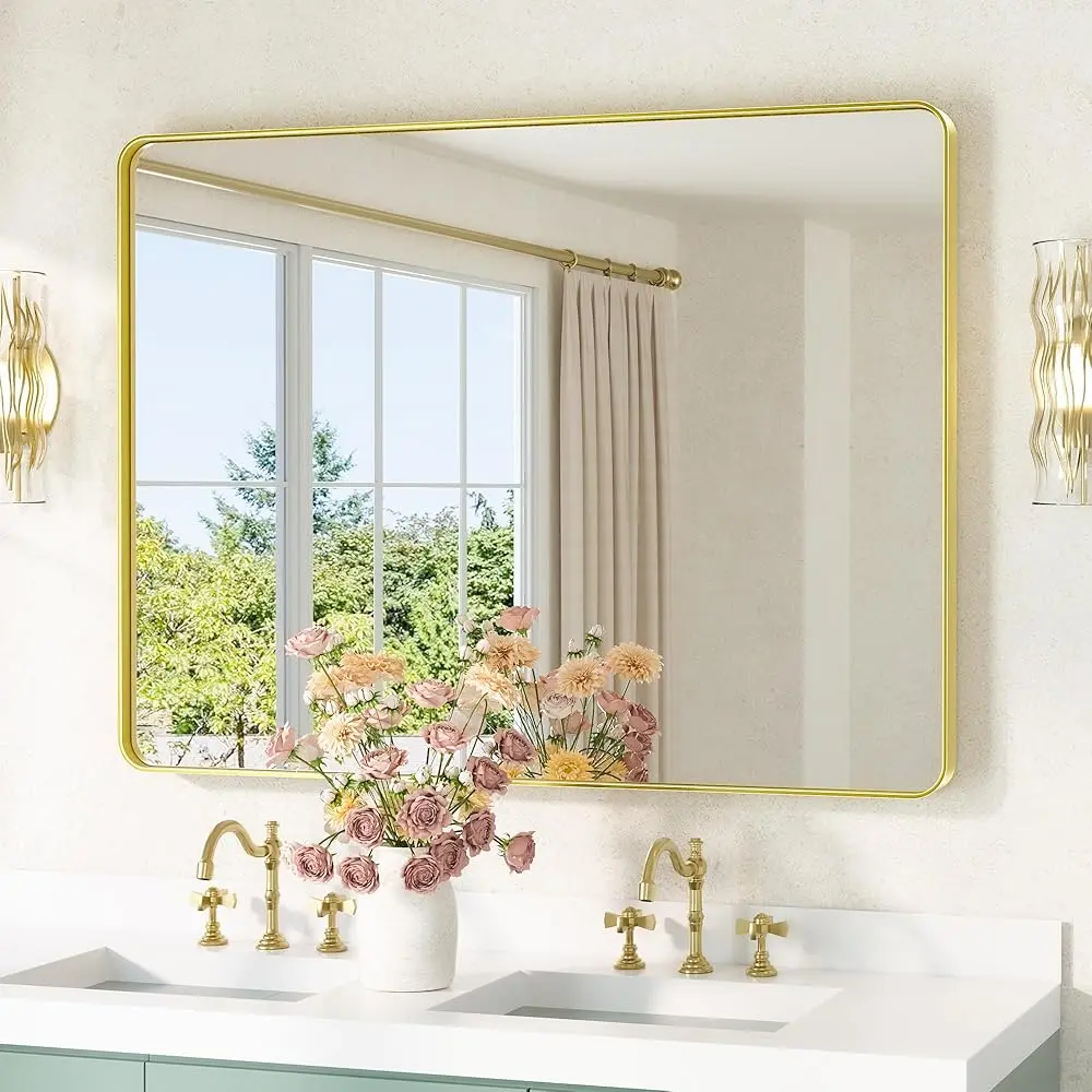 Espejo de baño dorado 40 x 30 H Espejo de tocador con marco de metal dorado cepillado, vidrio templado, montado en la pared para baño, entrada,