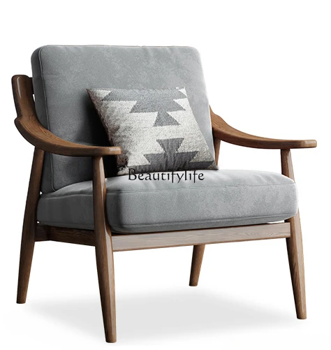 Nordic Armchair Household Leisure Nap Genuine Leather Solid Wood Single-Seat Sofa Chair