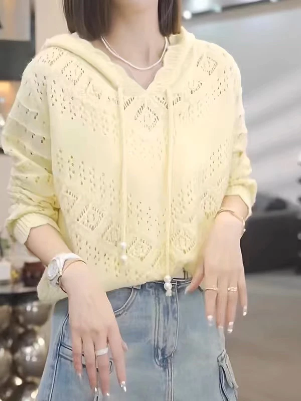 

Hollow out Knitted Hat Women's Long Sve Thin Loose Sle Spring Autumn New Faion Boring Sle Base irt Korean Version