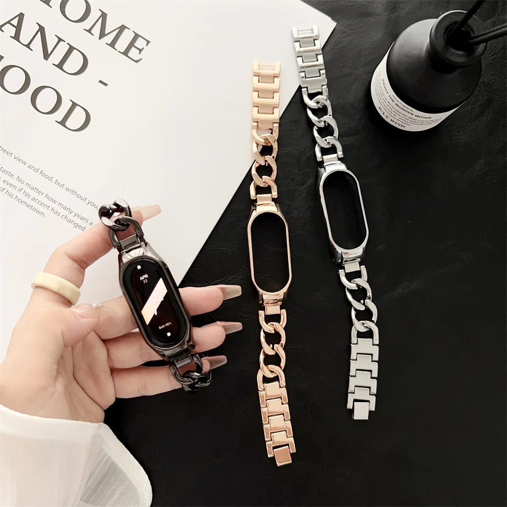 Correa de Metal para Xiaomi Mi Band 8, 7, 6, 5, 4, 3, cadena vaquera de moda, pulsera de acero inoxidable para Mi Band 5, 6, 4, 3, repuesto de pulsera