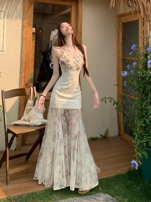 E Vestido Largo sin Tirantes con Escote en V y Bordado de Encaje, Vestido de Verano con Cola de Pez para Vacaciones en...