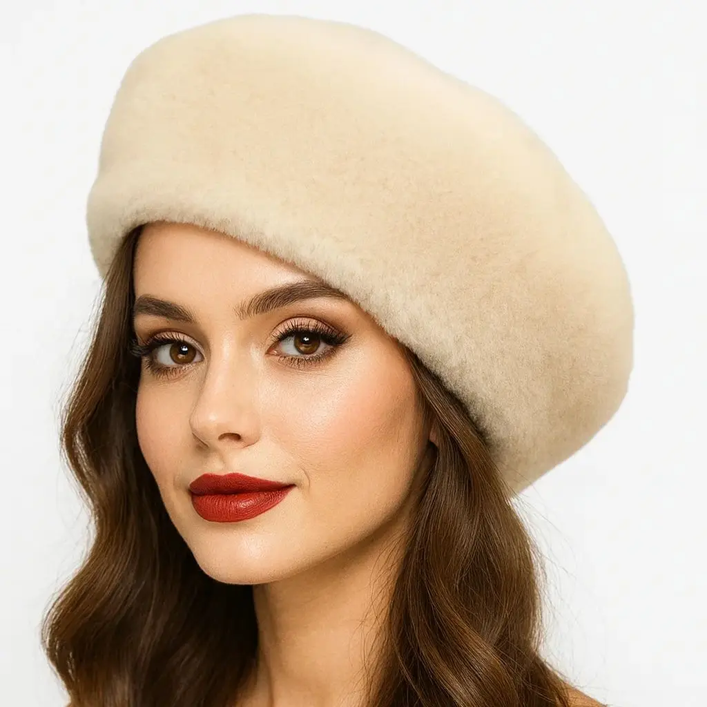 

Natural Sheep Fur Berets for Women, Furry Cap, Elegant Thick Cap, Pure Color, All-Match, 100% Wool, Winter Fashion, B230802