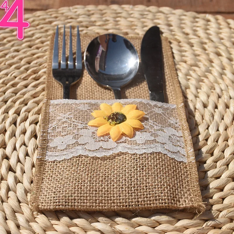 

50pcs Burlap Silverware Napkin Holders with Rustic Sunflower and Lace Cover,Cutlery Pouch for Vintage Wedding Table Decor