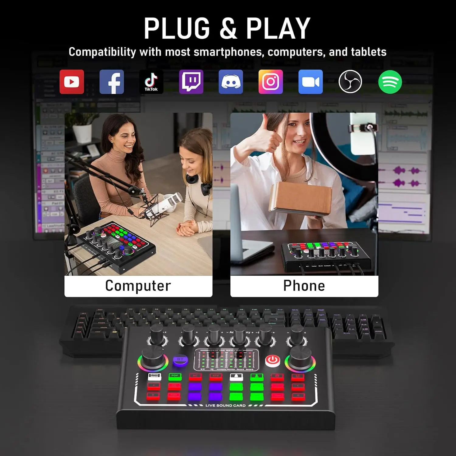 F009 Live Sound Card Broadcast quipment,Bluetooth Audio DJ Mixer with Microphone Set Device For Smartphone Live Streaming