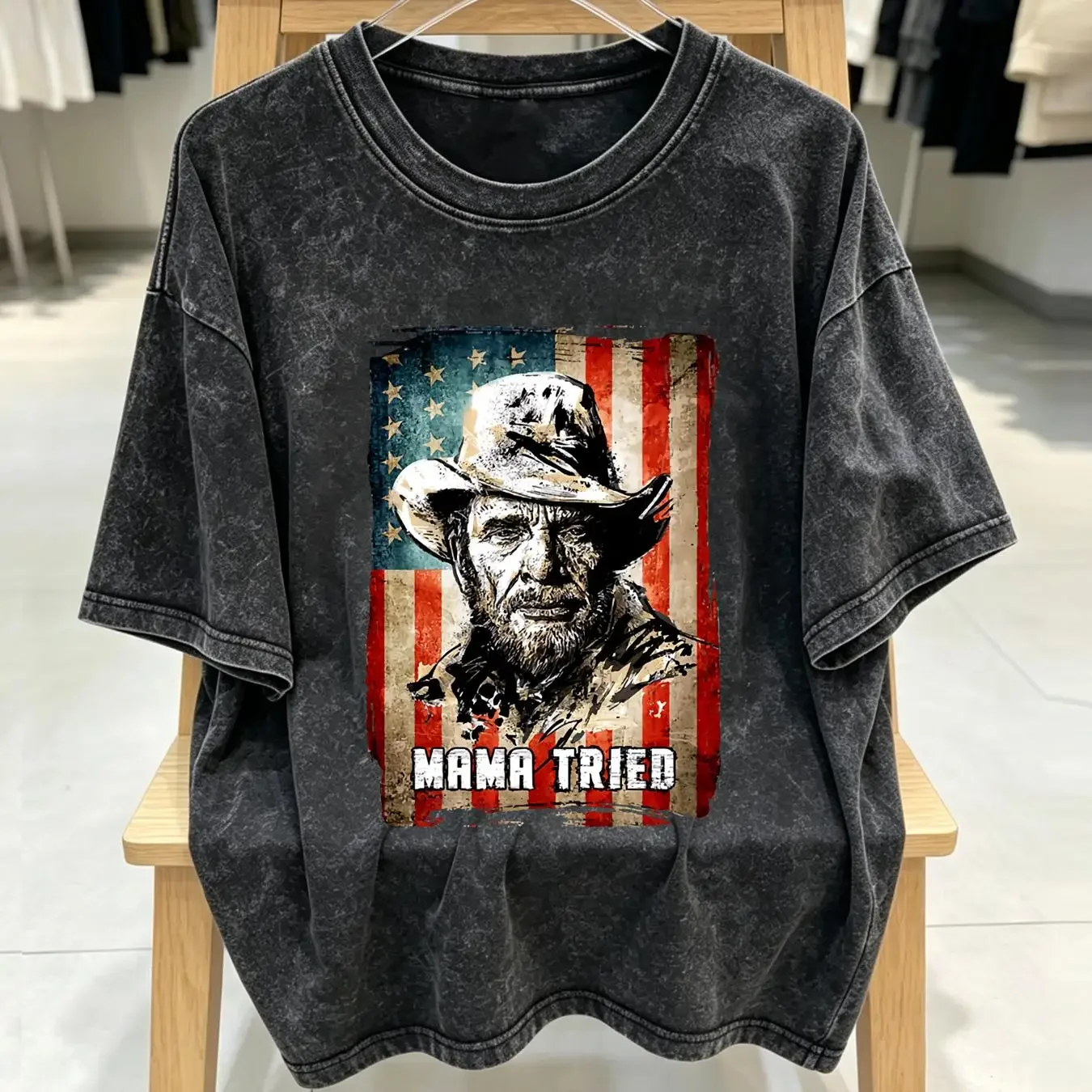 washed T Shirt Vintage Merle Haggard Mama Tried Cotton Black Full Size  vintage Washed Stylish Slightly Comfortable Casual