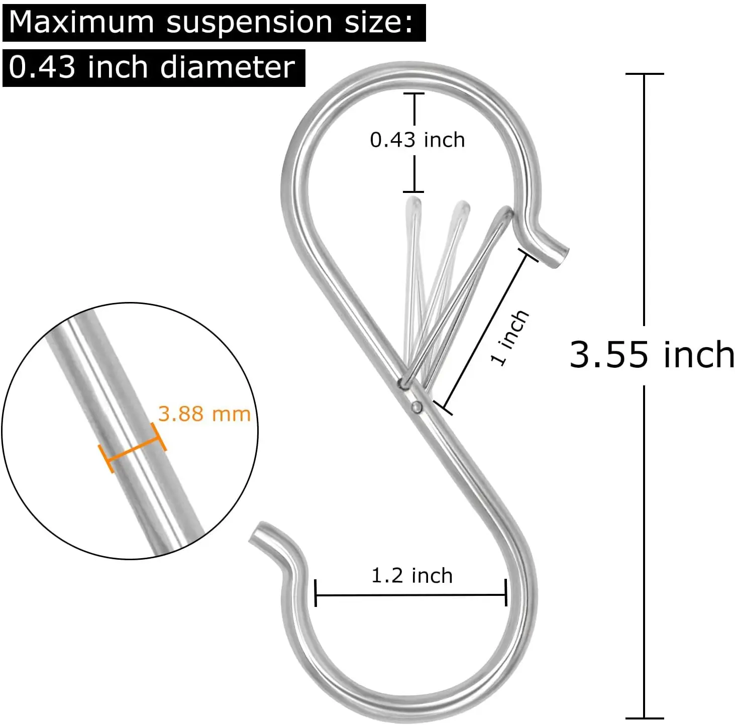 16 عبوة من خطافات S فضية مقاس 3.5 بوصة، شديدة التحمل مع إبزيم أمان للمطبخ والخزانة وتعليق النباتات