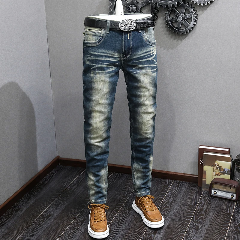 Fashion Designer Men Jeans High Quality Retro Washed Blue Stretch Slim Fit Ripped Jeans Men Vintage Casual Denim Pants Hombre