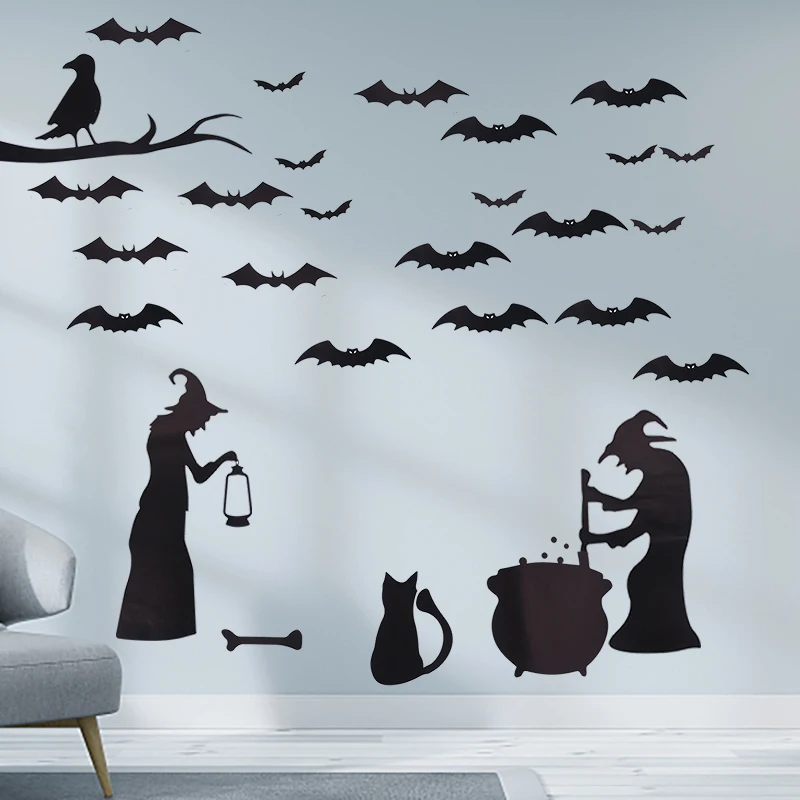 

4Pcs Halloween Decoration Window Stickers PVC Black Witch Bat Spider Wall Sticker Halloween Party Decor DIY Wall Window Decor