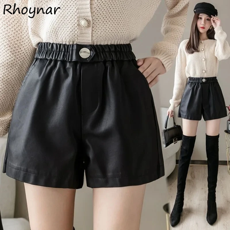 

PU Leather Shorts Women Velvet Thick Warm All-match Solid Black High Waist Chic Streetwear Fall Winter Ulzzang Loose Leisure