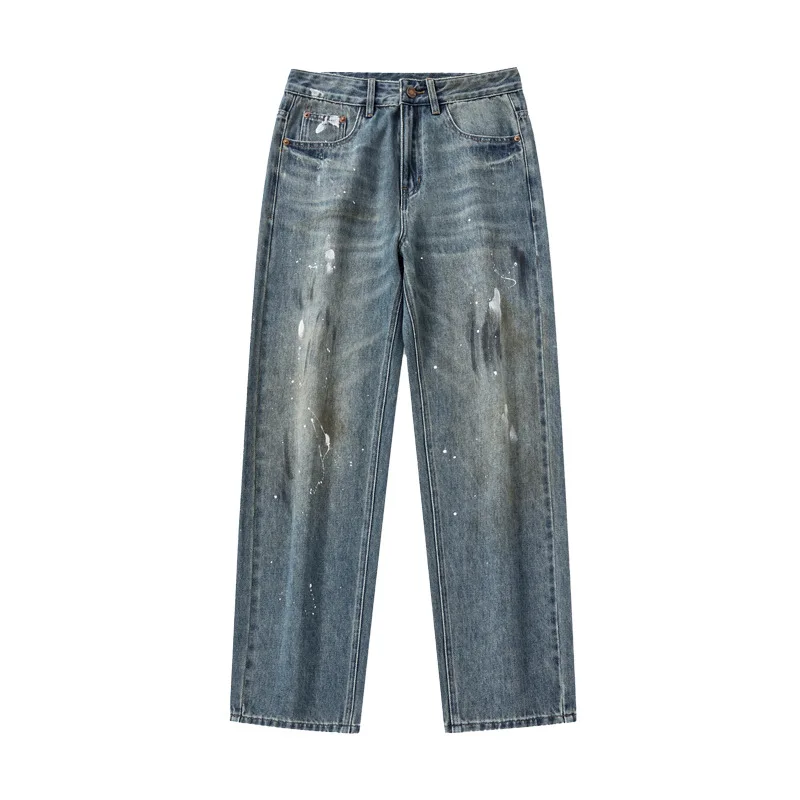 Men High Street Paint Dirty Denim Vintage Fashion Loose Casual Wide Leg Baggy Jeans Pants Cityboy Streetwear Y2k Trousers Man