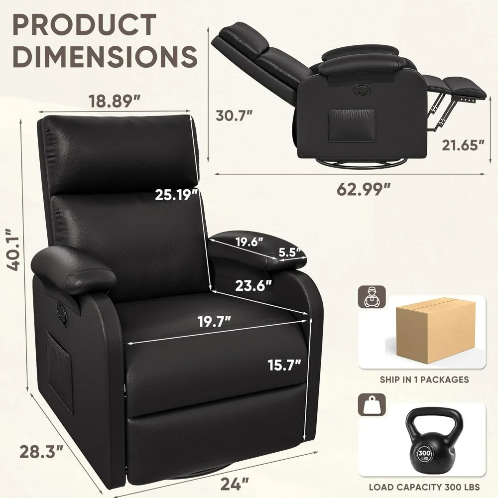 Homall 360 Swivel Massage Recliner Chair Adjustable Backrest Footrest PU Leather Glider Rocker Side Pocket Living Room Black