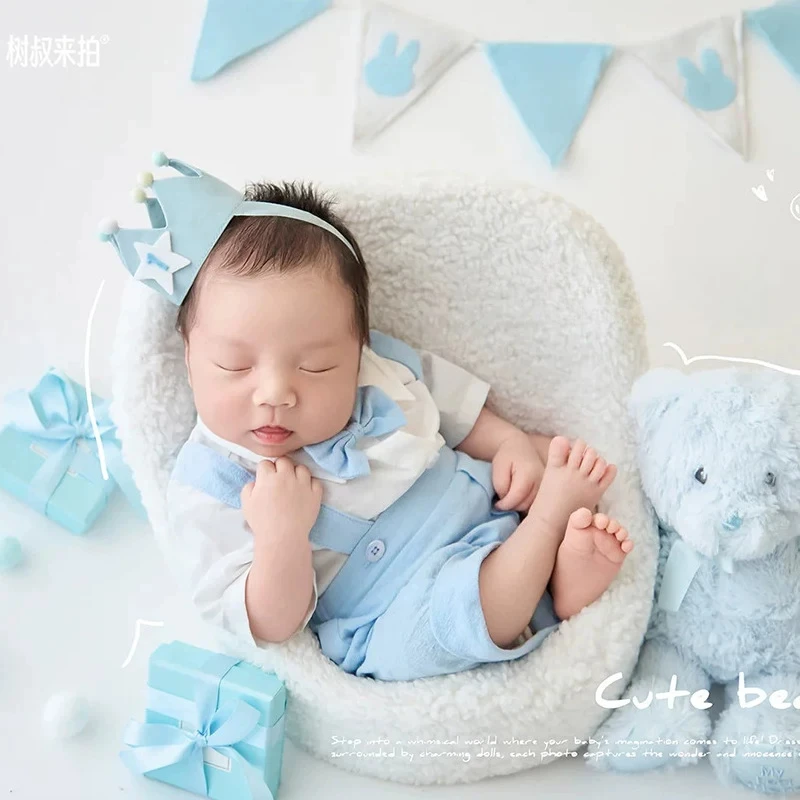 Newborn Photography Props Baby Boy Sky Blue Cute Birthday Bear Set with Gift Decors Theme Set for Sudio Photoshoot Accessories