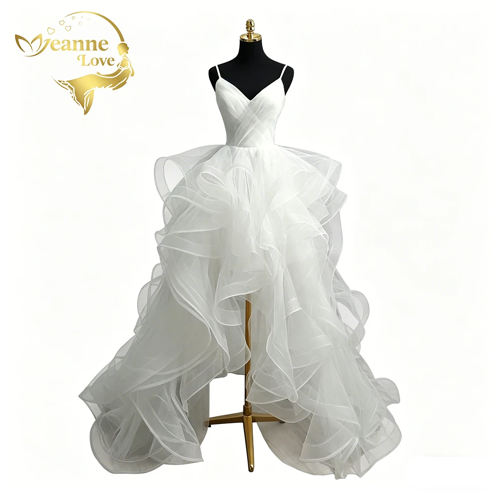 Jeanne Love High Low Tulle Wedding Dress for Bride V Neck Spaghetti Straps Ruffle Bridal Gown Short Front Long Back Party Dress