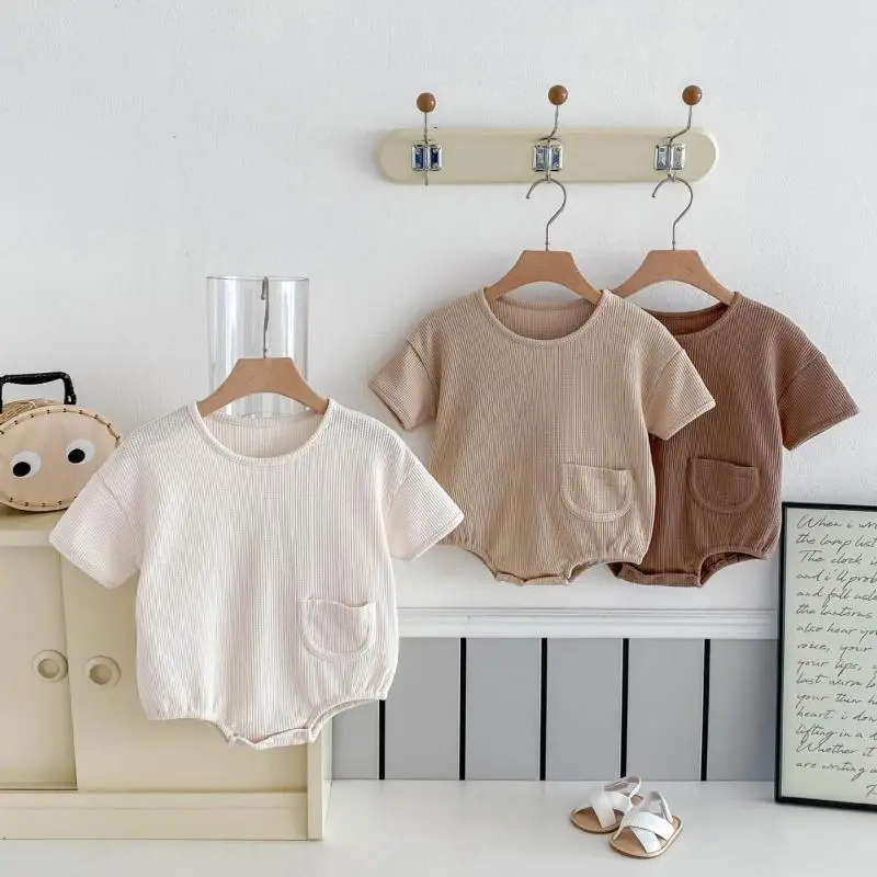 

2025 Summer New Baby Girl Soft Short Sleeve Bodysuit Solid Infant Boy Simple Comfortable Waffle Jumpsuit Newborn Clothes 0-3T