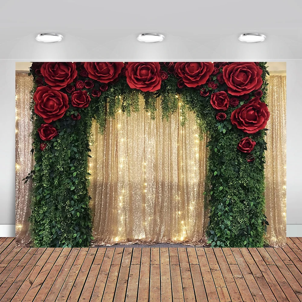 

Gold Sequin Wall Photography Background Red Rose Green Tree Vine Backdrop for Wedding Birthday Anniversary Engagement Banner