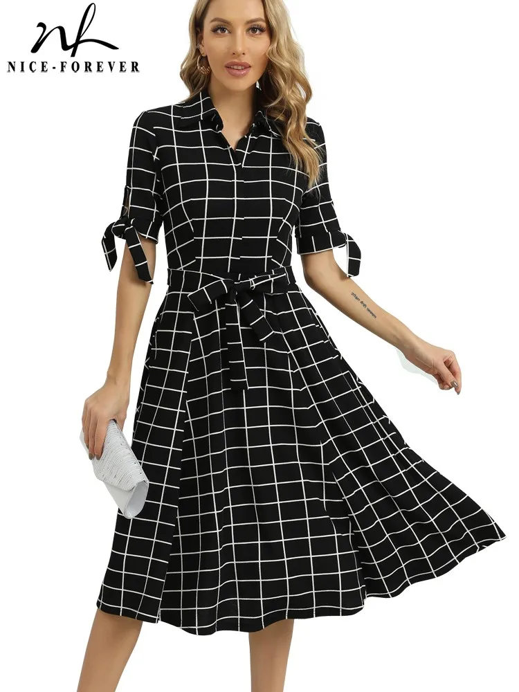 Nice-Forever Spring Women Classy Turn-Down Collar Dresses Casual Party elegante Retro Flare Swing Dress A381