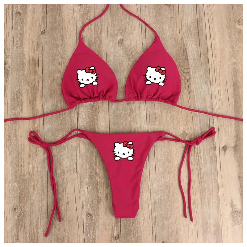 Sanrio-Bikini con cuello Halter para mujer, traje de baño Sexy multicolor, con tirantes divididos, ajustable, Kawaii, HelloKitty, Kuromi My Melody