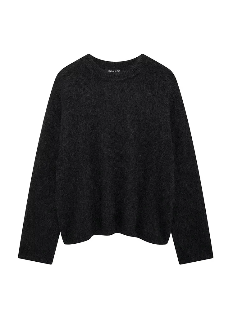 Hh feminino inverno novo sólido tamanho grande mohair misturado pulôver camisola feminina elegante solto quente tripulação pescoço camisola de malha