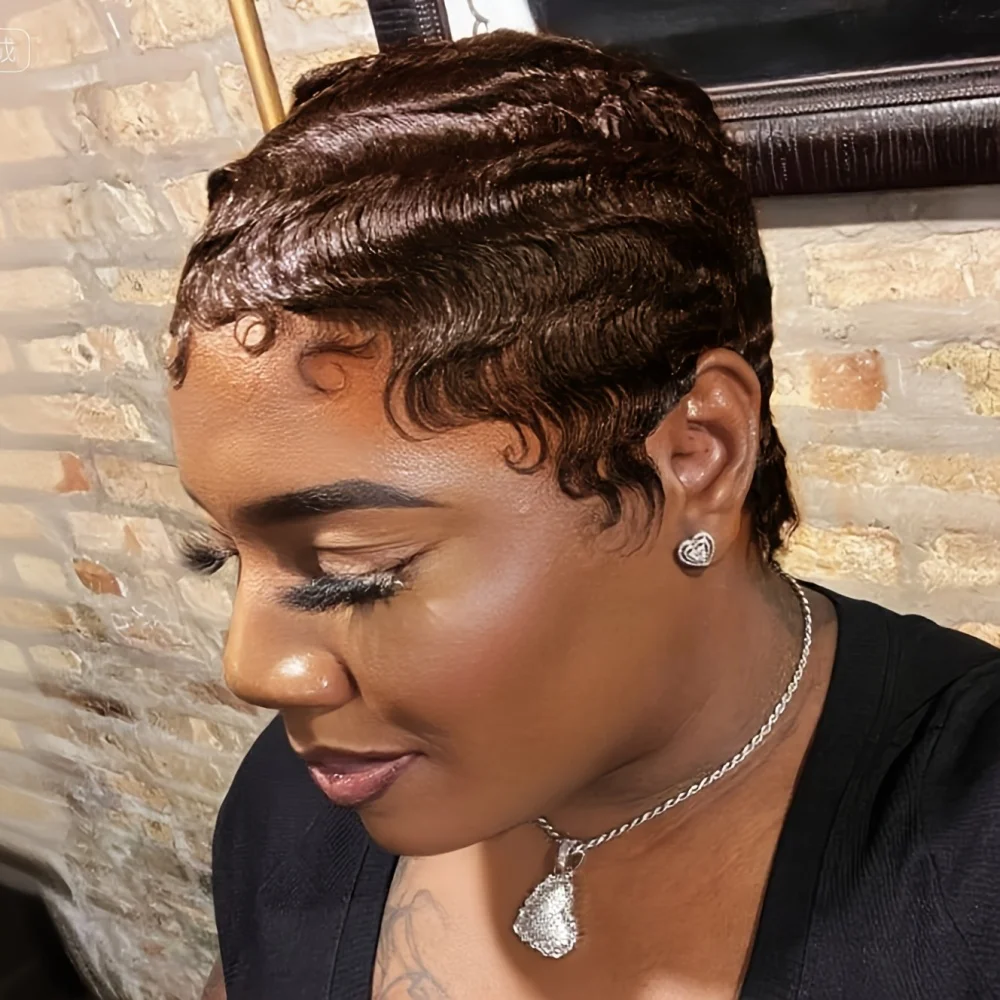 

Женские человеческие волосы с волнистыми пальцами, короткий парик с стрижкой пикси, естественный вид, полный машинный парик