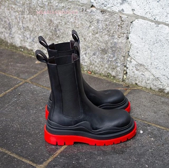 

size 35-44 Women platform Chelsea Boots Genuine Calfskin Leather Round Toe with Brogue Pattern Elastic Ladies Shoes Handmade