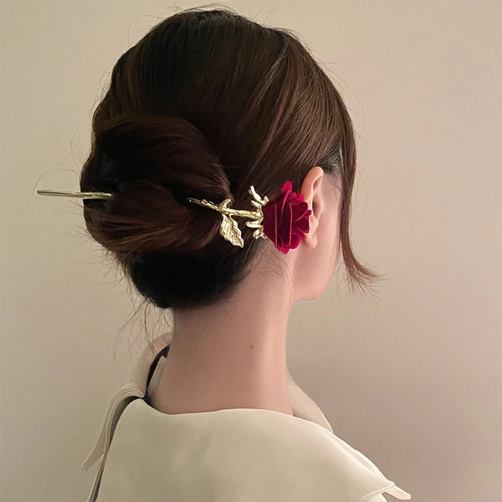 Chinese Flocked Rose Hairpin Ancient Exquisite Tassel Hairpin High Level Retro Hair Stick Bride's Pan Hair Headwear