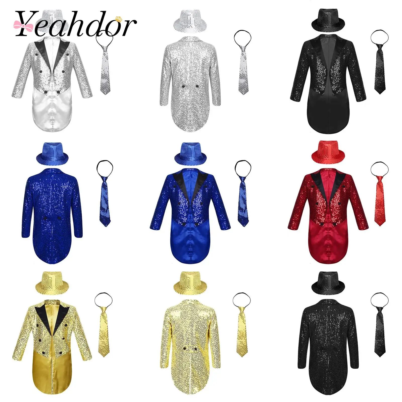 

Kids Boys Jazz Rock Dance Costume Sequin Blazers Open Front Tailcoat with Fedora Hat Necktie for Stage Cowboy Party Outfits