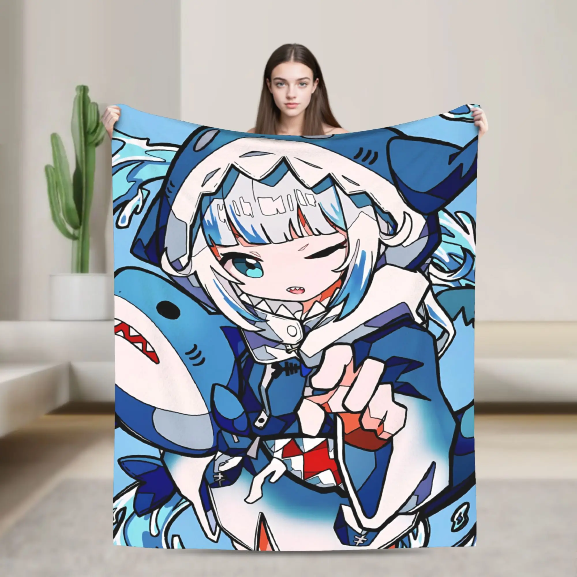 Gawr Gura Holding Shark Plush Warm Soft Blanket  Kids Plush Throw Blanket Pattern Couch Chair Flannel Bedspread Sofa Bed Cover