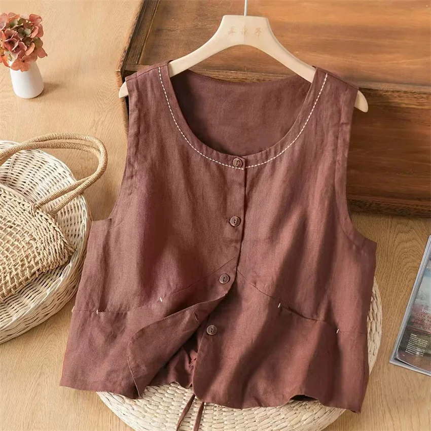 2026 New Women Cotton and linen Vest Fashion Lady Solid O-neck Vests Big Size Female Sleeveless Jacket Short Paragraph WZ2565