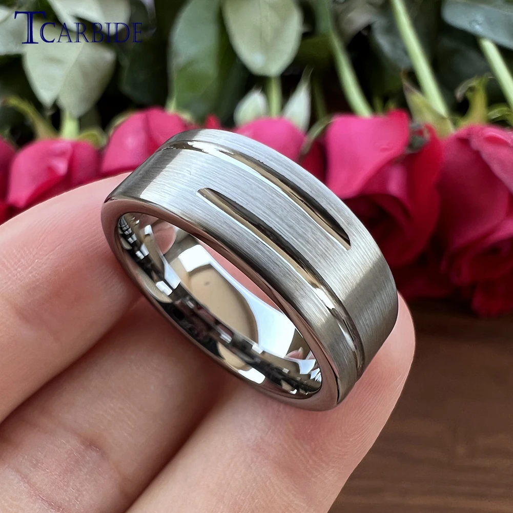 8MM Men Women Black Wedding Band Tungsten Carbide Ring Grooved Brushed Finish Cool Gift Jewelry Comfort Fit