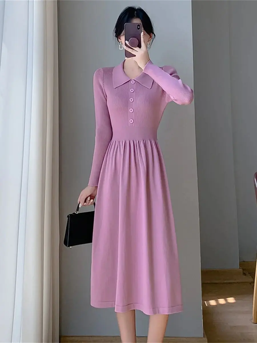

2025 Fall/Winter Simple Solid Fitted Slimming Knit Dress Women's Lapel Collar Single-breasted Knee-Length Knit Dress Vestidos