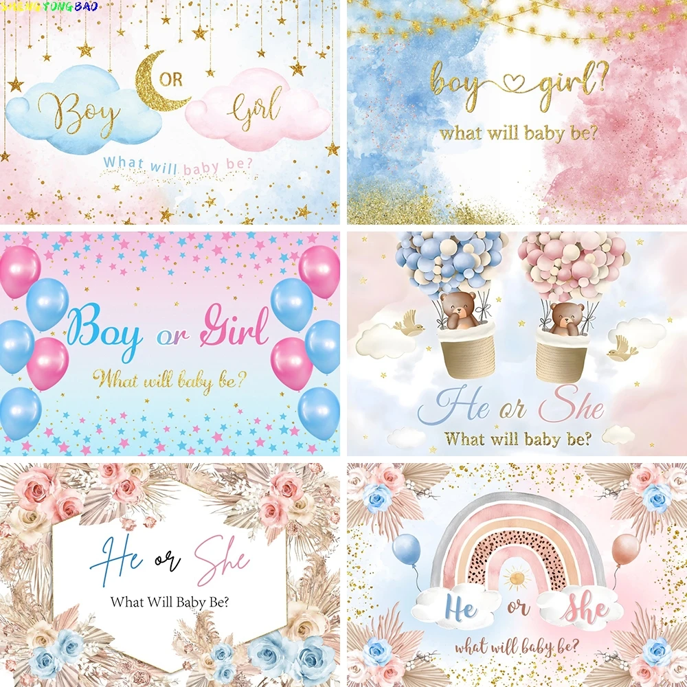 

Gender Reveal Photography Background Boy or Girl Pink Blue He or She Baby Shower Backdrop Portrait Cake Table Decoration Banner