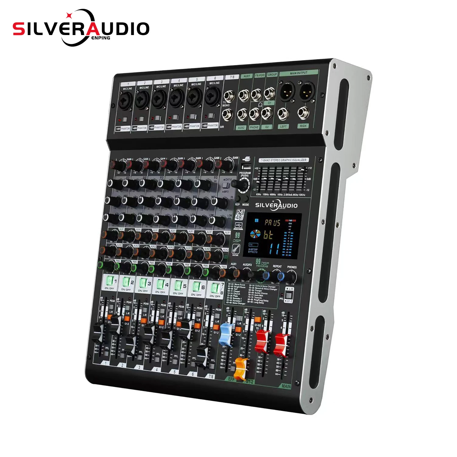 Mezclador de audio profesional GAX-GS8 de 24 bits y 48 V con grabación USB MP3, mezclador 99DSP, pantalla LED para transmisión en vivo, creación de contenido