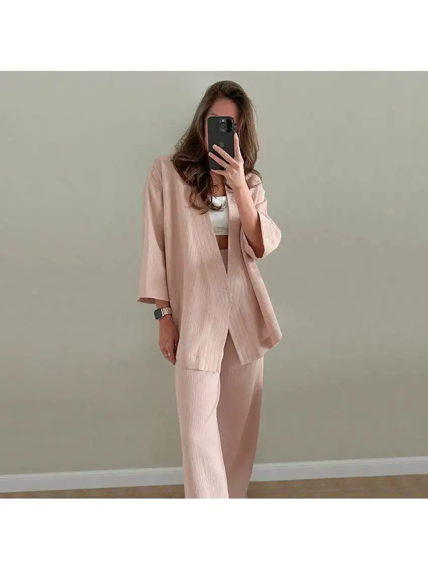 

Розовый хлопковый кардиган и удобные брюки, женский комплект, повседневная модная длинная футболка-свеч для женщин среднего возраста