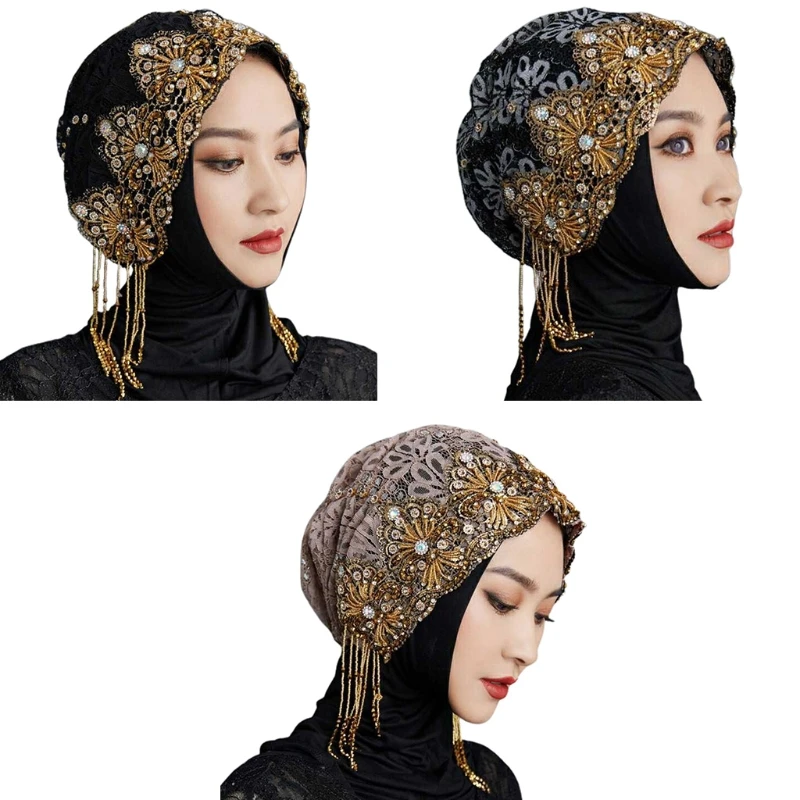 

Muslim Turban Inclusive Glitter Knitted Hat for Women Beaded Lace Headwear Dropshipping