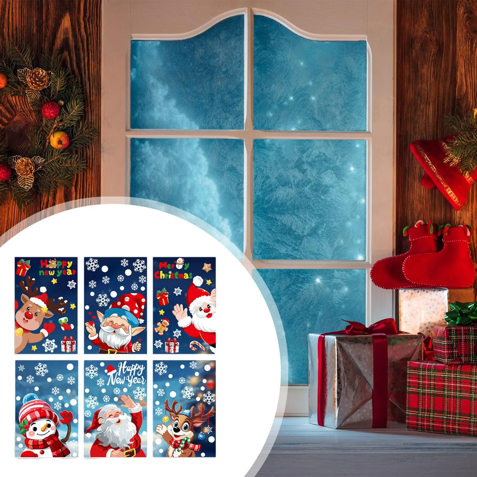6 pçs janela de natal adere santa elk boneco de neve adorável janela estática adesivos para porta fontes de festa loja janela de vidro presente tags