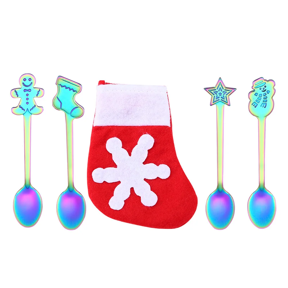 5pcs Christmas Spoons Set Stainless Steel Coffee Spoon For Tea Dessert Kitchen Tableware Gift Holiday Reusable Spoons Set