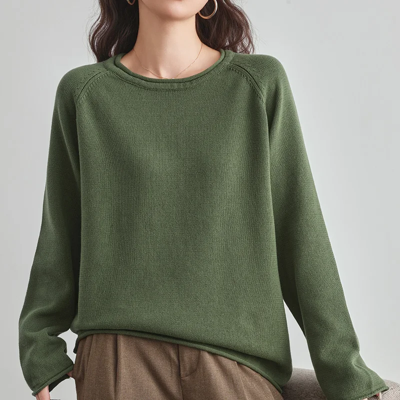 

New Model Rolled Hem Design Pullover Women Knitting Merino Wool+Cotton Sweater Round Neck High quality Thicken Loose Tops