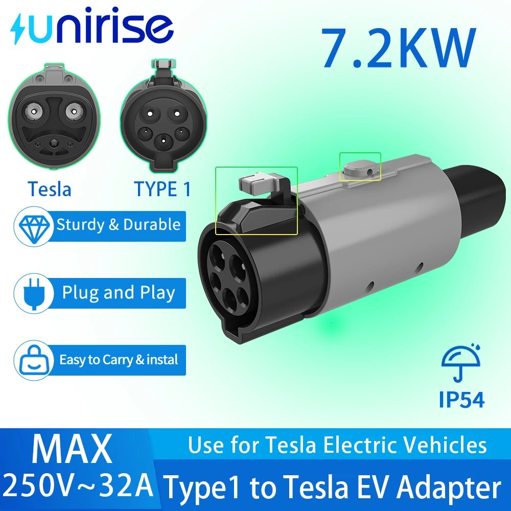 

Unirise Type1 to Tesla Ev Adapter 7.2kW 250V 32A J1772 Charging Converter For Electric Vehicles Tesla Model Y/3/X/S EV Charger