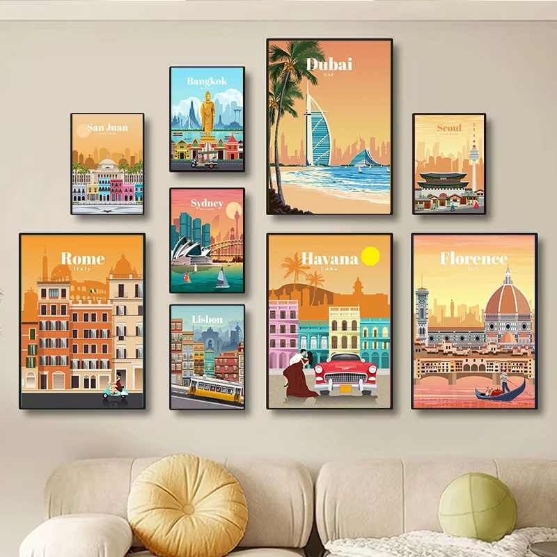 World Famous Tourist Cities Poster Prints London New York City Travel Wall Art Canvas Painting Picture Home Living Room Decor