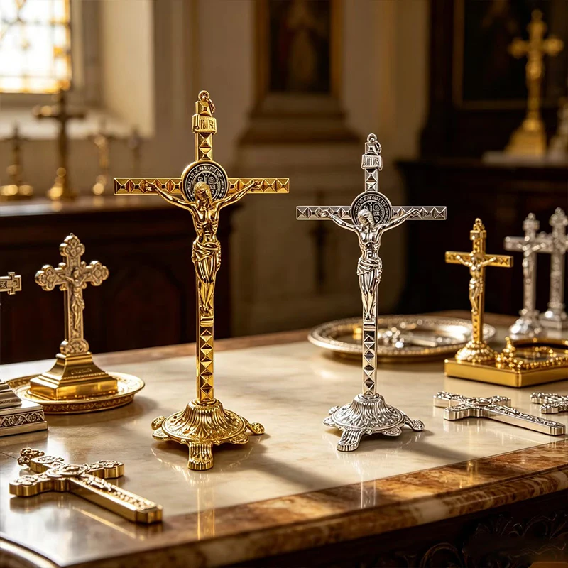 Katholisches Stehendes Kruzifix, Altarkreuz, Metallstatue von Jesus Christus für Tischdekoration, religiöse christliche Ornamente in Gold und Silber – Detail 1