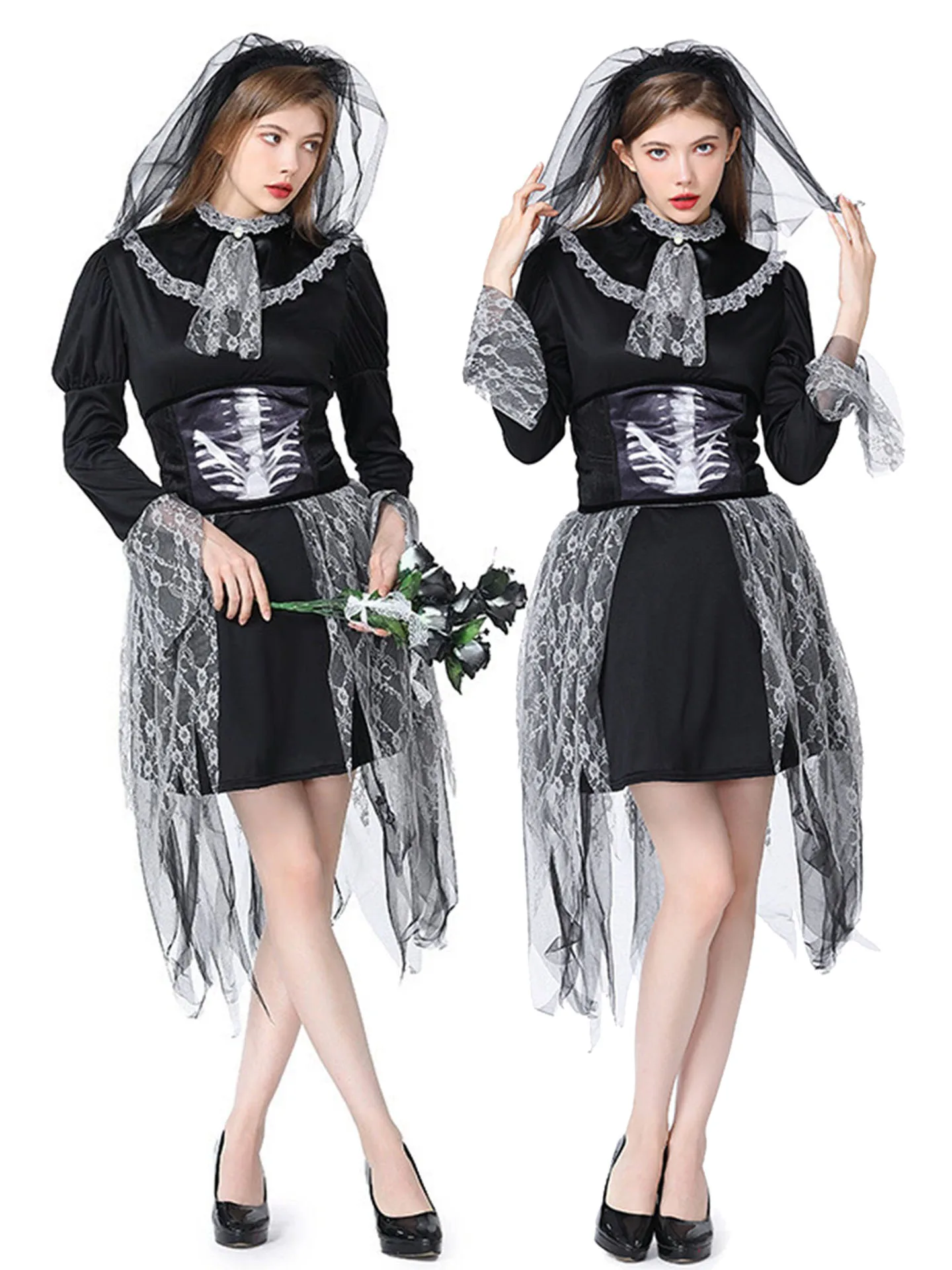 Halloween New Style Skeleton Bride Cosplay Costume Lace Skirt Performance Dress Women's Ethnic Wear Stage Performance Outfit