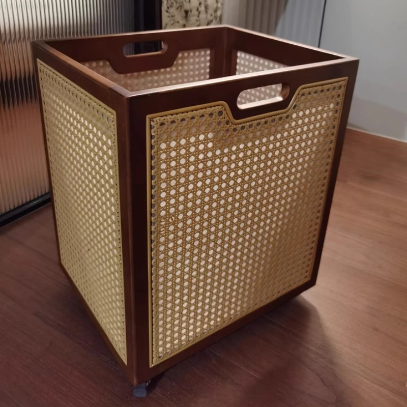 

Rattan Weave Design Laundry Hamper Toys Storage Bucket Walnut Color Dirty Clothes Basket Good-looking Laundry Basket with Pulley