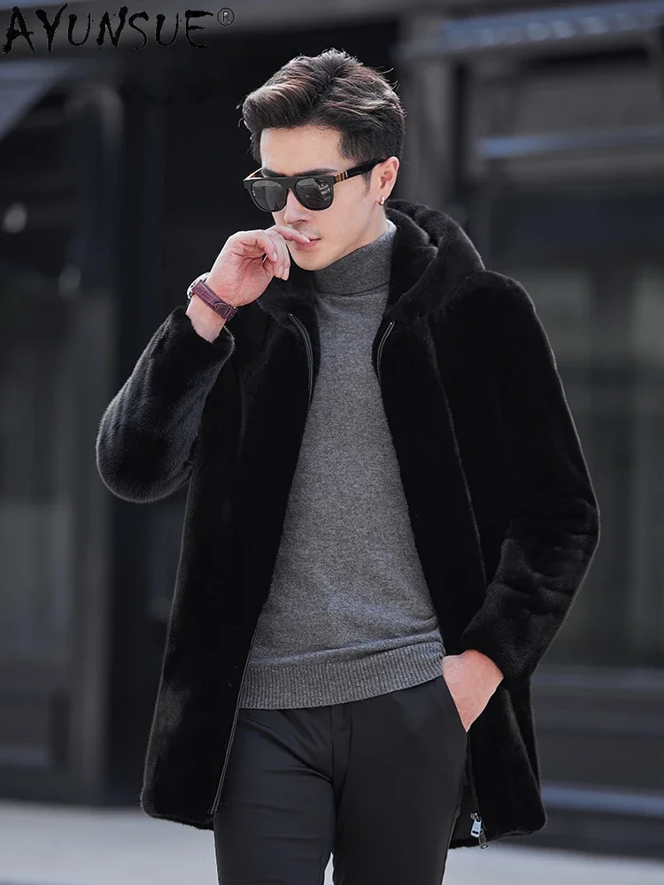 AYUNSUE Natural Fur Coat Men Hooded Winter 2023 Luxury Mink Fur Jacket Mid-length Black Fur Coats Streetwear Chaquetas Hombre