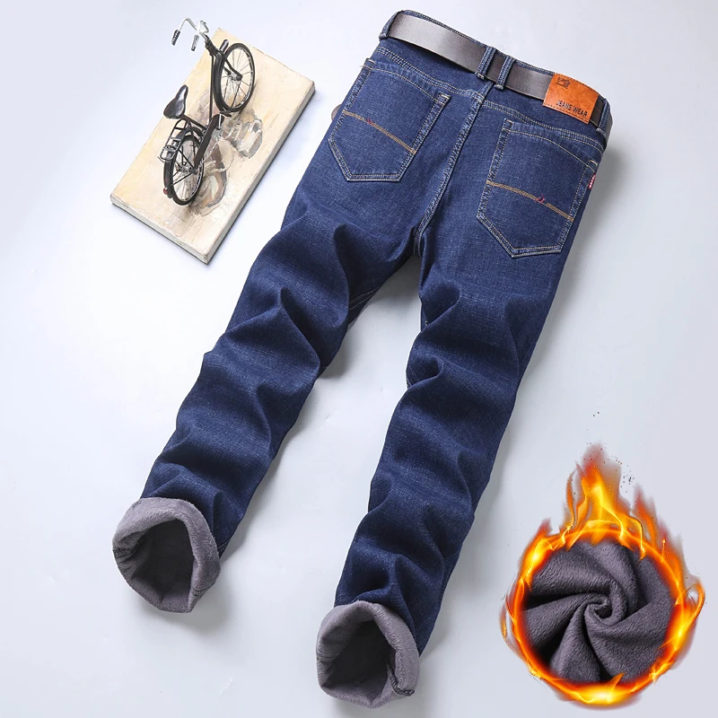 Men's Plush and Thick Autumn and Winter New Patchwork Button Pockets Fashionable Solid Color Loose Straight Leg Elastic Jeans