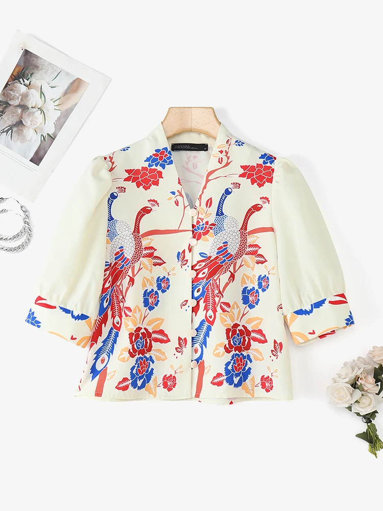 ZANZEA Camicette da donna eleganti e chic con stampa pavone Camicette con scollo a V Mezza manica a sbuffo Camicie con bottoni Abbigliamento donna bohemien Pendolarismo S-3XL