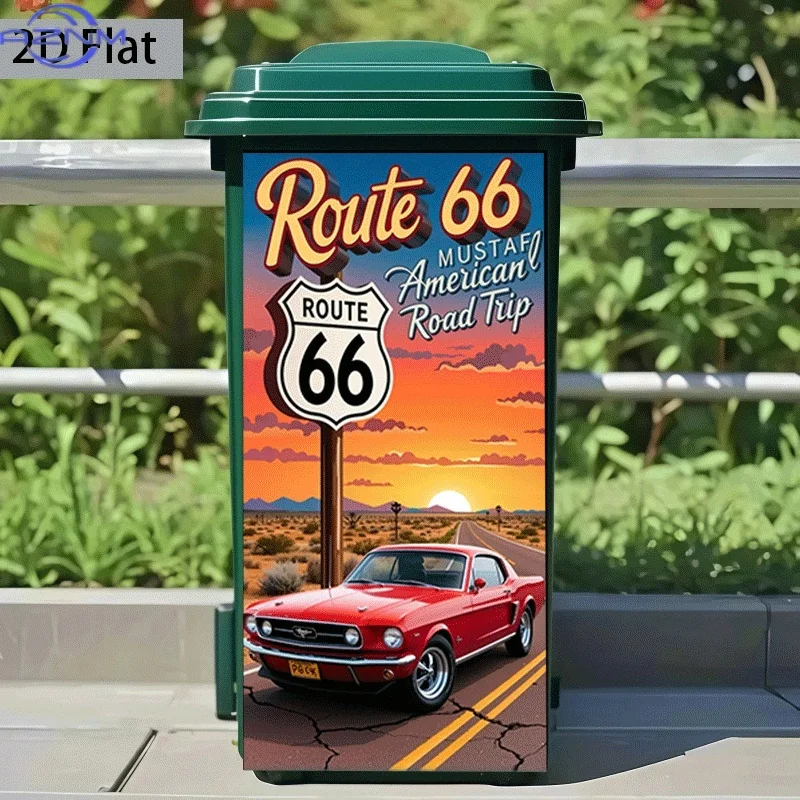 of Trash Can Sticker[37×82 Cm] Themed Design of 'Route 66 Road Trip' Self-Adhesive Wall Decoration Wallpaper for Kitchen Trash