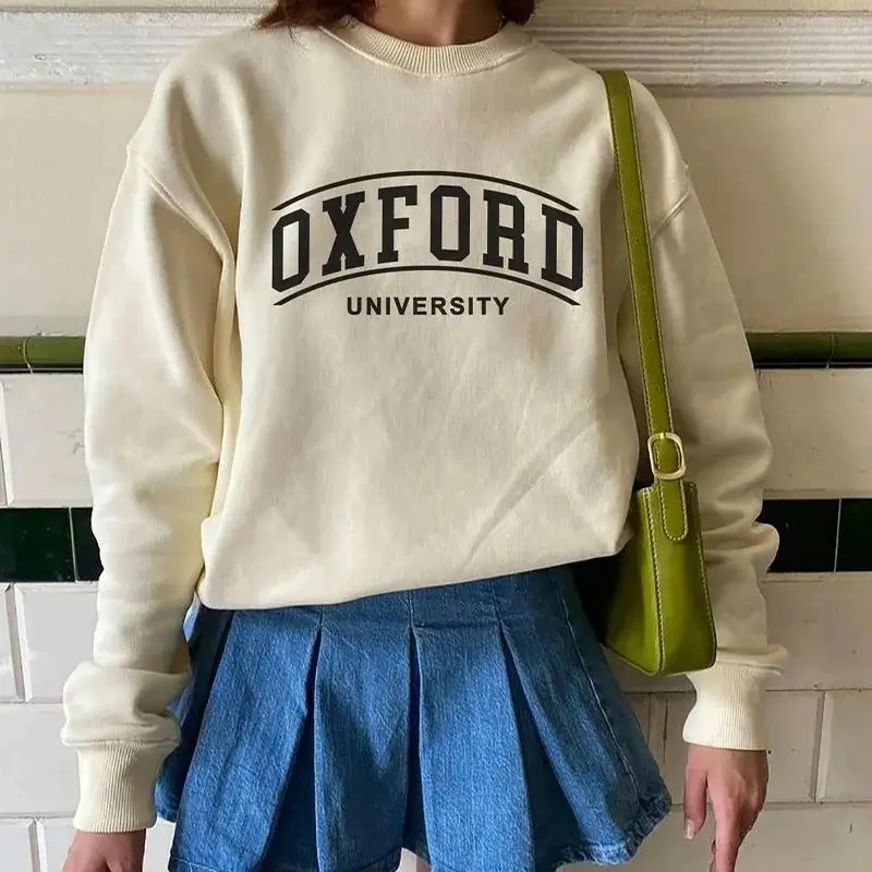 Britain OXFORD University Letters Printing Students Sweaters Oversized Crewneck Cotton Thick Pullover Long Sleeve Sweatshirts