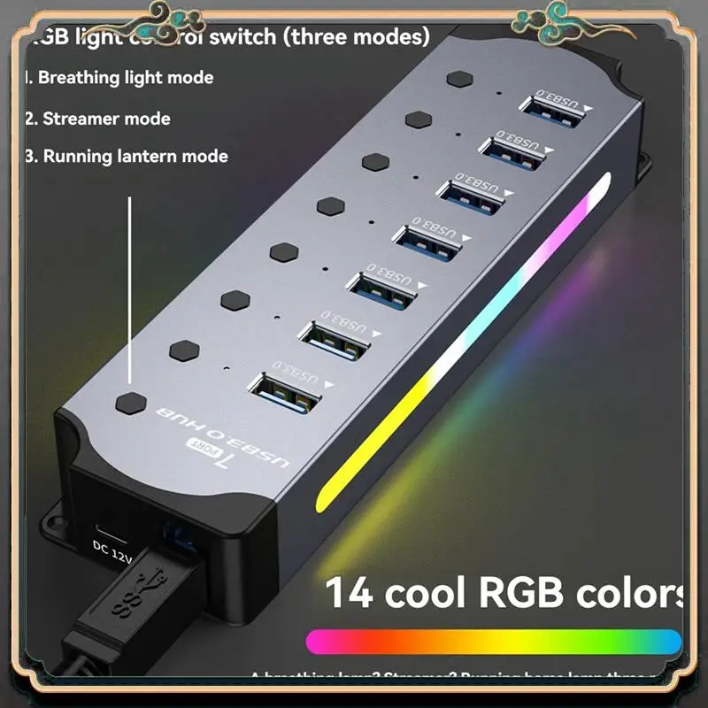 asma-usb-30-ハブ、led-ストリップ付き-7-ポート-rgb-ハブ、ダイナミックモード、スイッチ、pc、ラップトップ用アルミニウムケースハブ-eu-プラグ