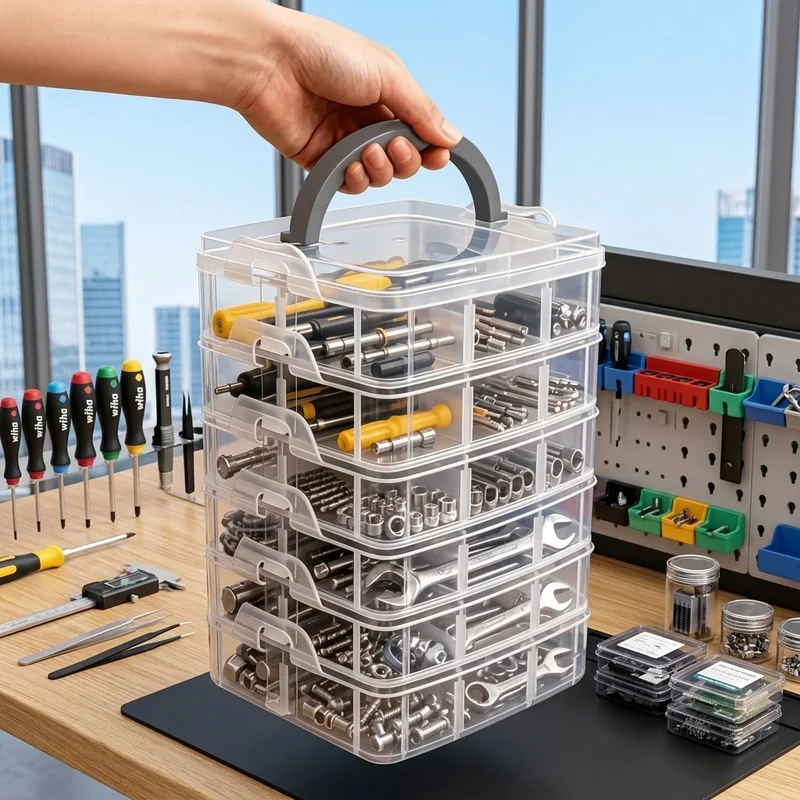 6-Layer Transparent Tool Storage Box, Multifunctional Hardware Organizer for Screws, Nuts, Bolts, Small Parts & Accessories